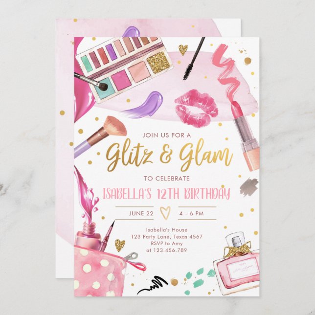Glitz Glam Glamour Spa Party Girl Makeup Birthday  Invitation (Front/Back)