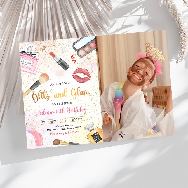 Glitz Glam Glamour Spa Party Makeup Birthday Photo Invitation (Creator Uploaded)