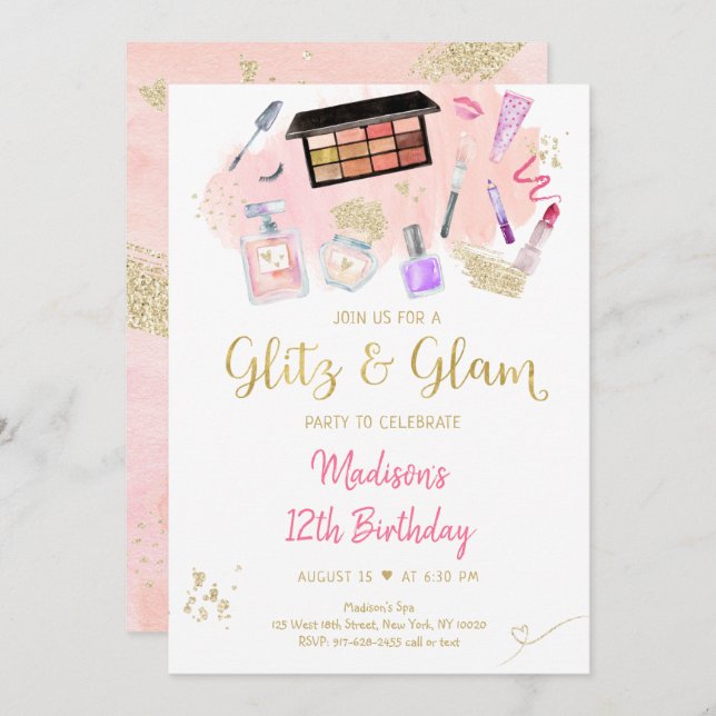 Glitz & Glam Pink Gold Spa Birthday Invitation (Front/Back)
