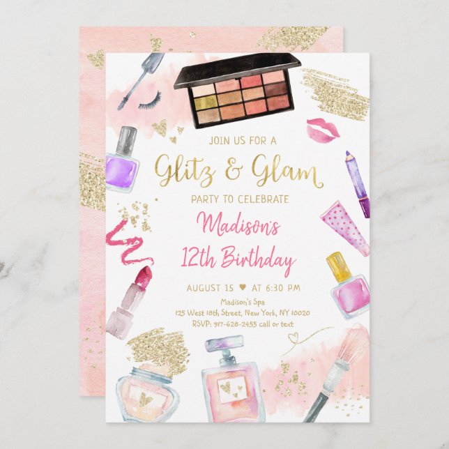 Glitz & Glam Pink Gold Spa Birthday Invitation (Front/Back)