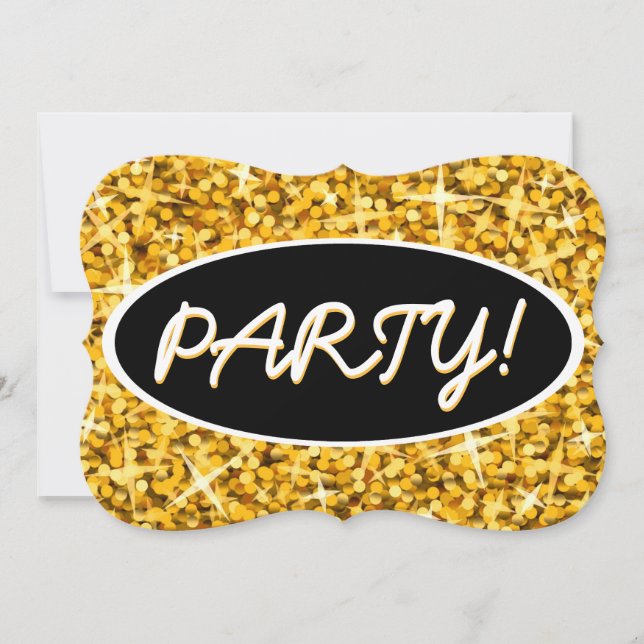 Glitz "Gold" 'Party!' black oval bracket Invitation (Front)