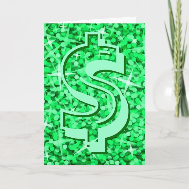 Glitz Green dollar "$" 'Your Text' greetings card (Front)