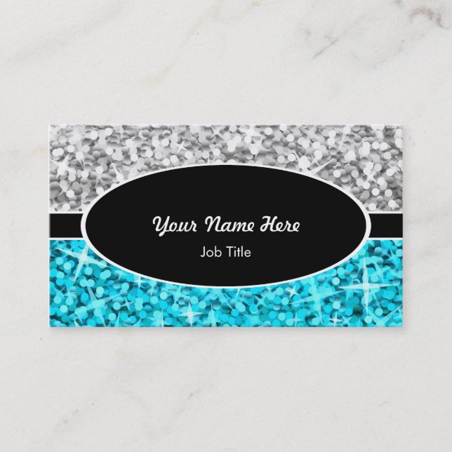 Glitz Mix "Silver" Blue black oval business card (Front)