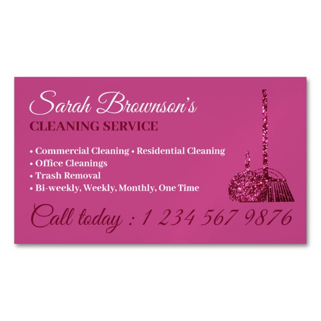 Glitz Pink Glamourous Cleaning Service Janitorial Magnetic Business Card (Front)
