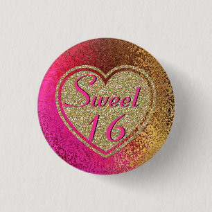 Glitz Pink & Gold Sweet 16 3 Cm Round Badge