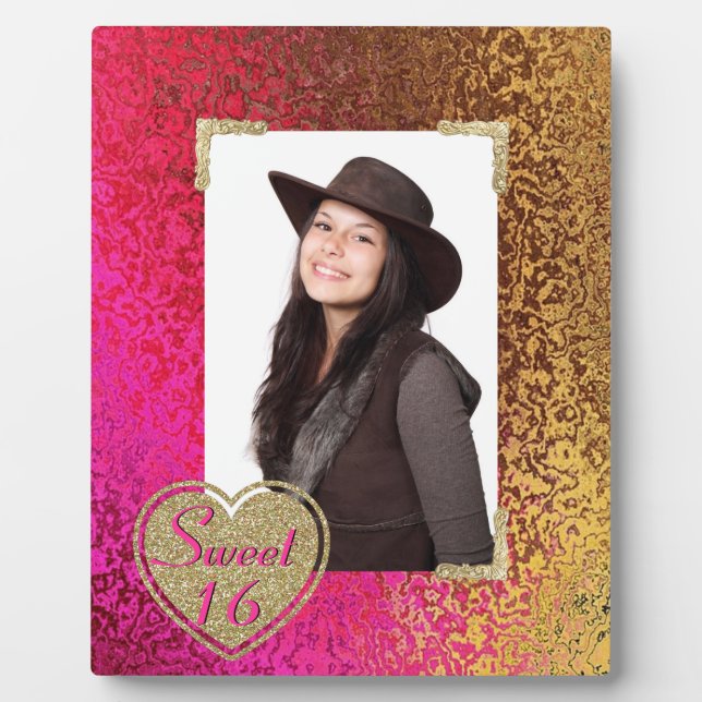 Glitz Pink & Gold Sweet 16 Photo Plaque (Front)
