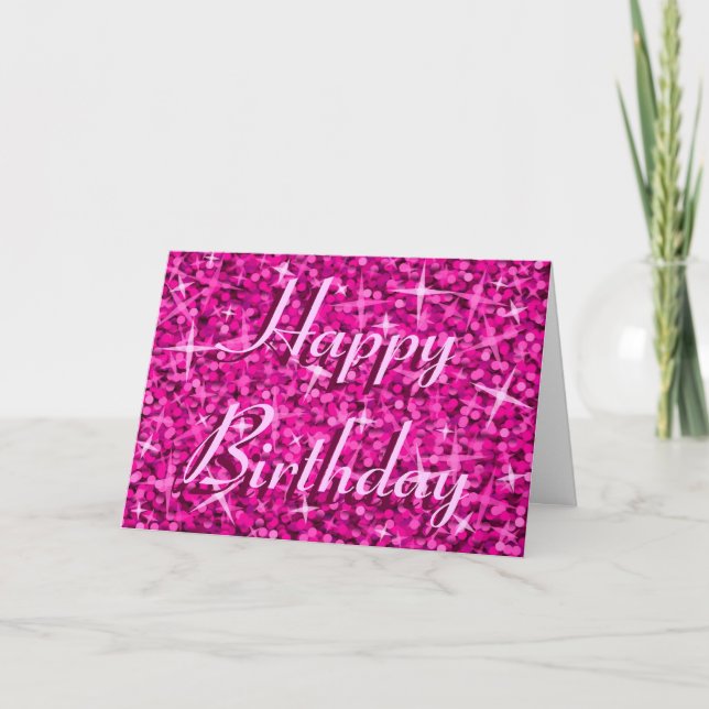 Glitz Pink 'Happy Birthday' ribbon text card (Front)