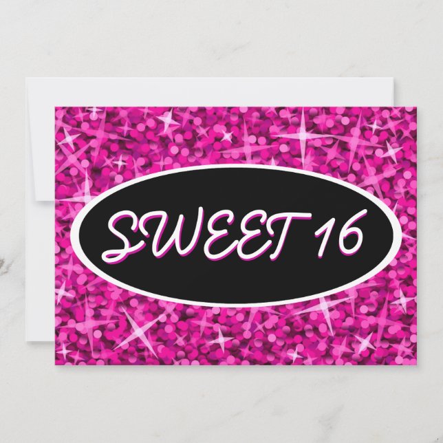 Glitz Pink 'Sweet 16' black oval invitation (Front)