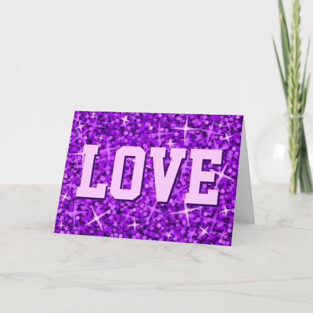 Glitz Purple 'LOVE' 'Your Text' greetings card (Front)