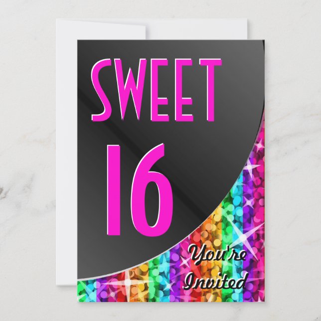 Glitz Rainbow Stripe black curve "Sweet 16" Invitation (Front)