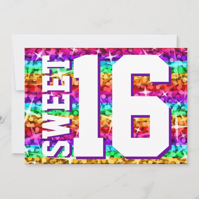 Glitz Rainbow Stripe 'Sweet 16' horizontal Invitation (Front)