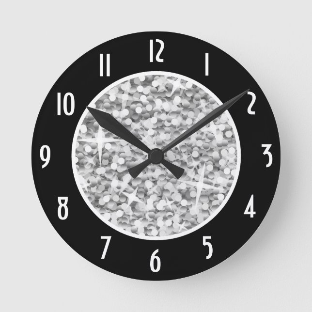Glitz "Silver" Black 'Numbers' clock round (Front)