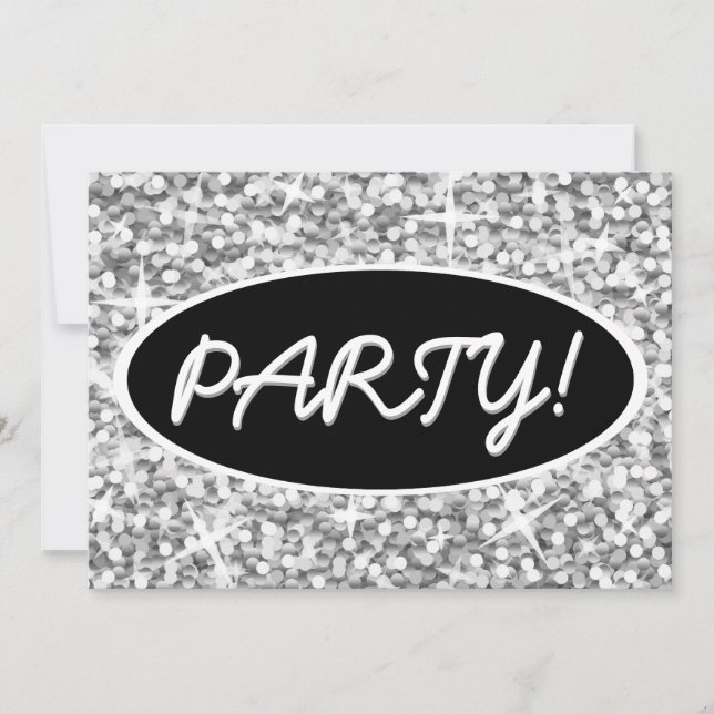 Glitz "Silver" 'Party!' black oval invitation (Front)