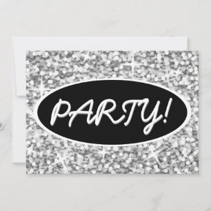 Glitz "Silver" 'Party!' black oval invitation
