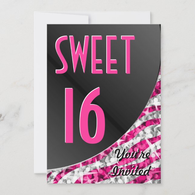 Glitz Zebra Pink curve "Sweet 16" invitation (Front)