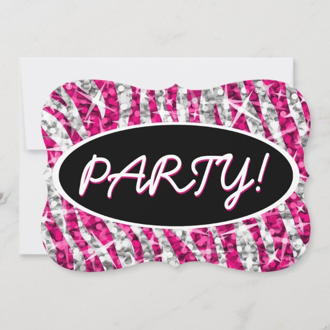 Glitz Zebra Pink 'Party!' black oval bracket Invitation (Front)