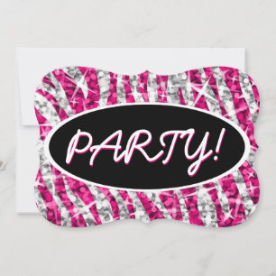 Glitz Zebra Pink 'Party!' black oval bracket Invitation