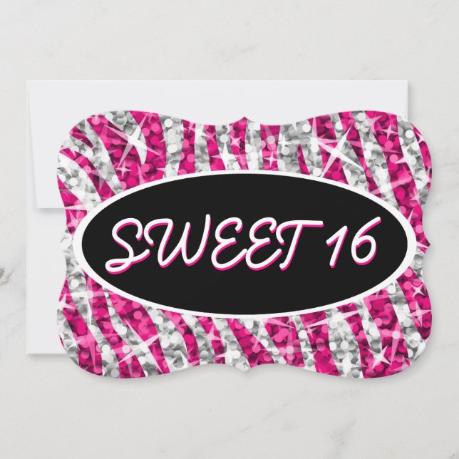 Glitz Zebra Pink 'Sweet 16' black oval bracket Invitation (Front)