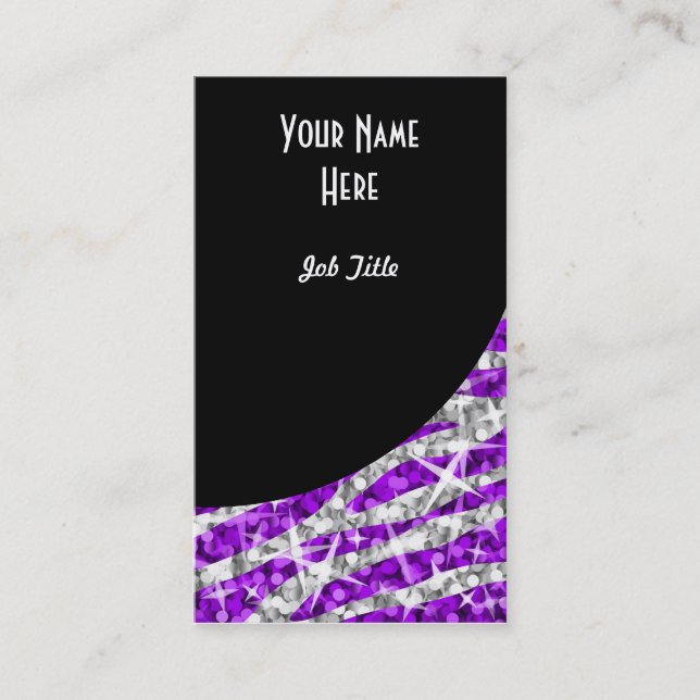 Glitz Zebra Purple Black Curve portrait Business Card (Front)