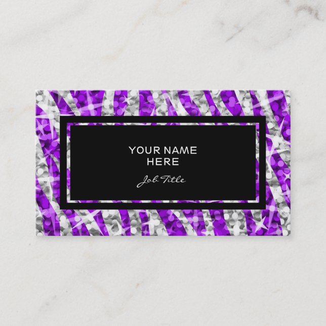 Glitz Zebra Purple rectangle business card black (Front)