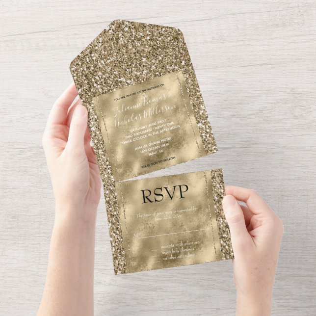 Glitzy Antique Gold Glitter      All In One Invitation (Tearaway)