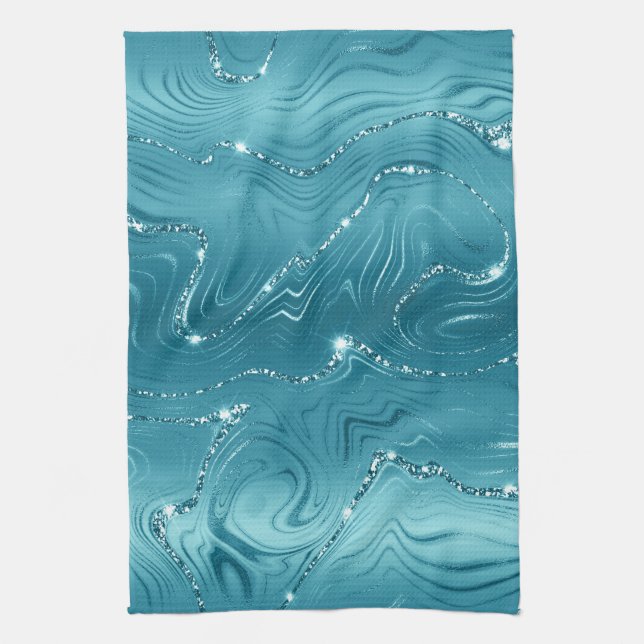 Glitzy Aqua Blue Turquoise Marble   Tea Towel (Vertical)