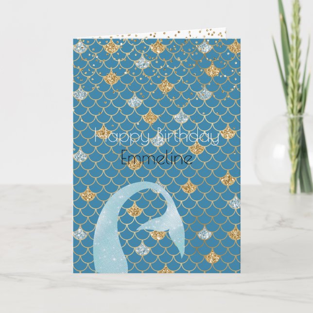 Glitzy Aqua Gold Glitter Sparkle Mermaid       Card (Front)