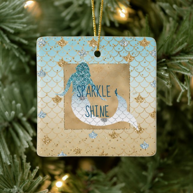 Glitzy Aqua Mermaid Blue Gold Sparkle Glitter      Ceramic Ornament (Tree)