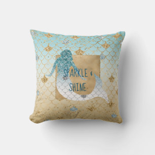 Glitzy Aqua Mermaid Blue Gold Sparkle Glitter      Cushion
