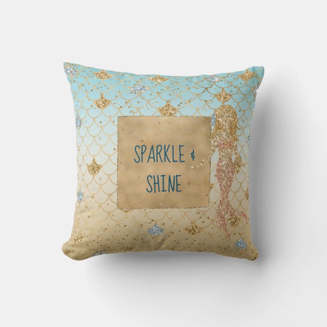 Glitzy Aqua Mermaid Blush Gold Glitter         Cushion (Front)