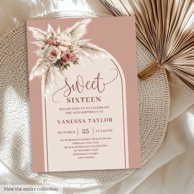 Glitzy Arch Pastel Pink Pampas Floral Boho Sixteen Invitation (Glitzy Arch Pastel Pink Pampas Floral Boho Sixteen

)