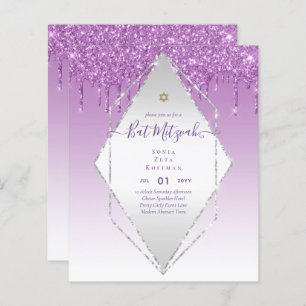Glitzy BAT MITZVAH Invites Glitter Sparkles Modern