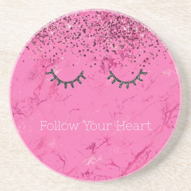 Glitzy Black Eyelashes Pink Marble Glitter Coaster (Front)