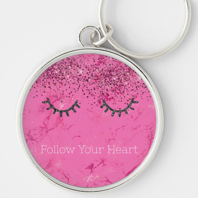 Glitzy Black Eyelashes Pink Marble Glitter Key Ring (Front)