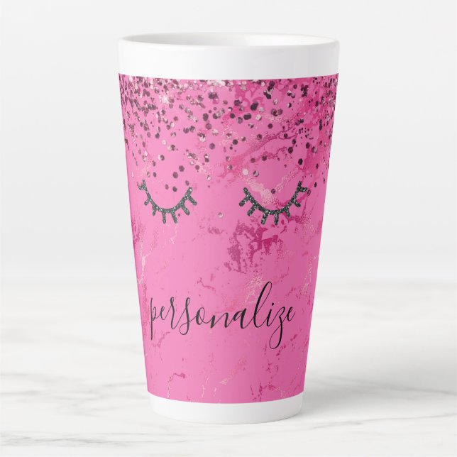 Glitzy Black Eyelashes Pink Marble Glitter Latte Mug (Front)