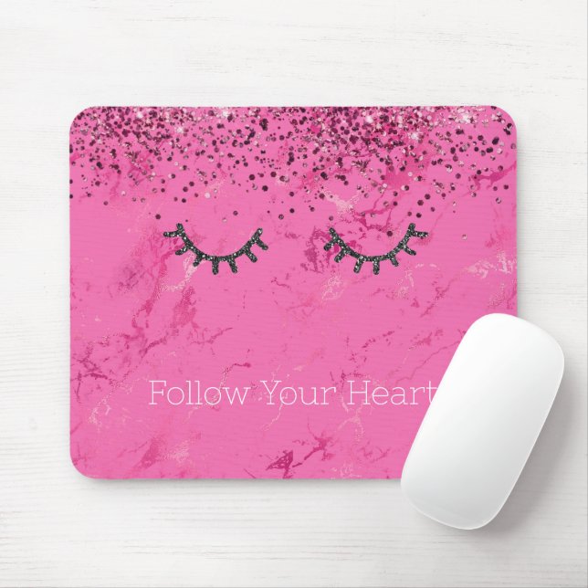 Glitzy Black Eyelashes Pink Marble Glitter Mouse Pad (With Mouse)