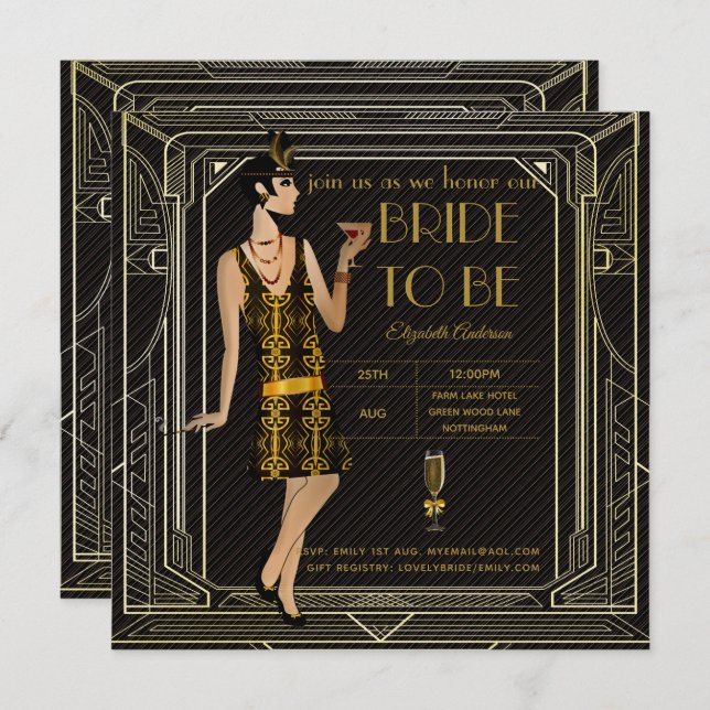 Glitzy Black Gold Bridal Shower Theme Invitations (Front/Back)