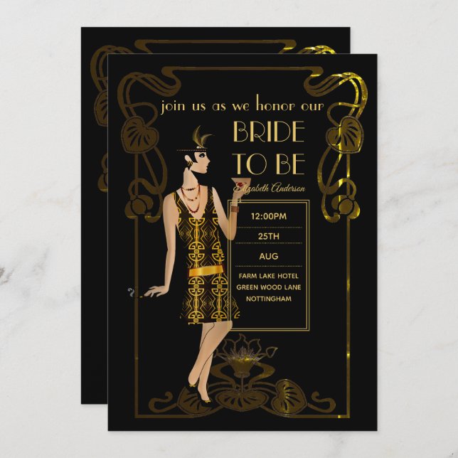 Glitzy Black Gold Bridal Shower Theme Invitations (Front/Back)