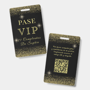 Glitzy Black & Gold Sparkly VIP Birthday Pass ID Badge