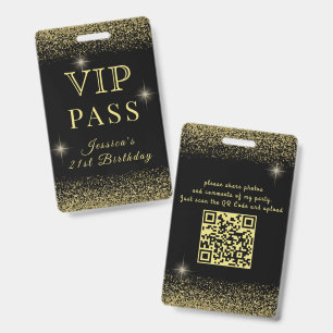 Glitzy Black & Gold Sparkly VIP Birthday Pass ID Badge
