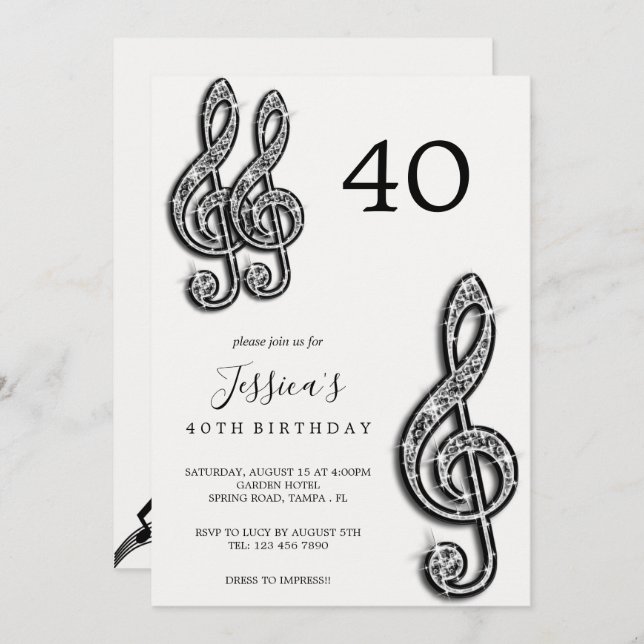 Glitzy Black Music Notes Birthday Invitation (Front/Back)
