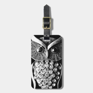 Glitzy Black Owl Design with Address Details Luggage Tag