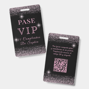 Glitzy Black & Pink Sparkly VIP Birthday Pass ID Badge