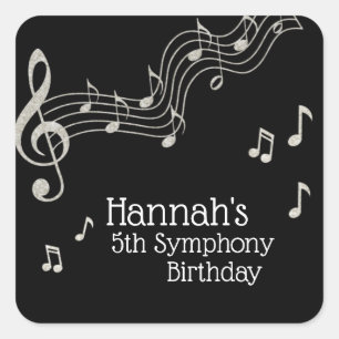 Glitzy Black & White Musical Notes Birthday Square Sticker