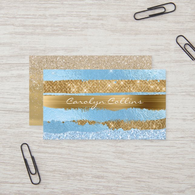Glitzy Blue and Gold Glittery Business Card (Front/Back In Situ)