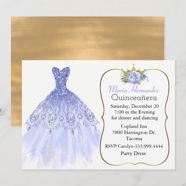 Glitzy Blue Gown Quinceañera Invitation (Front/Back)