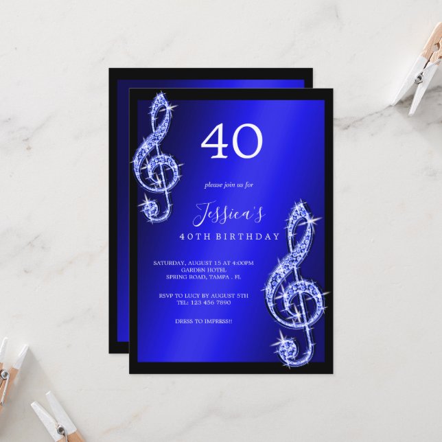 Glitzy Blue Music Notes Birthday Invitation (Front/Back In Situ)