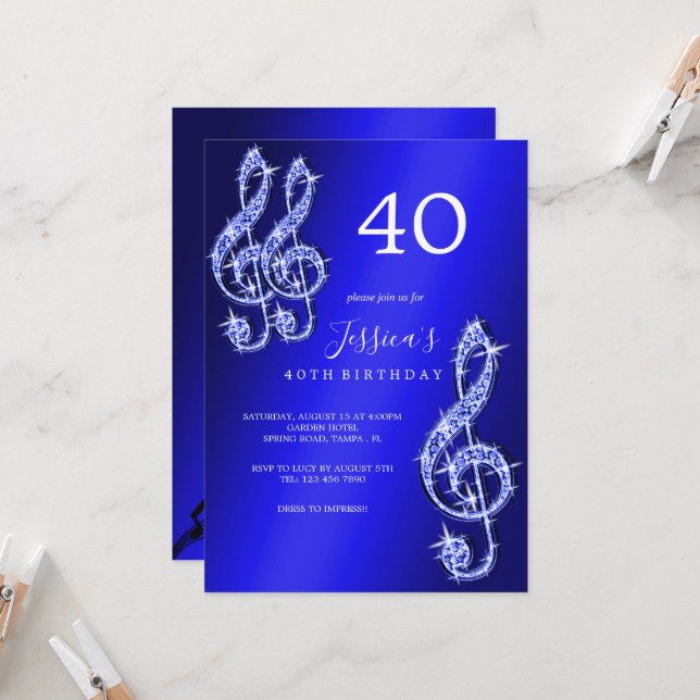 Glitzy Blue Music Notes Birthday Invitation (Front/Back In Situ)