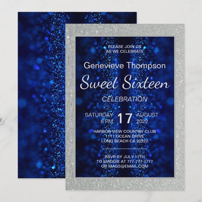 Glitzy Blue Sweet Sixteen Party Invitation (Front/Back)