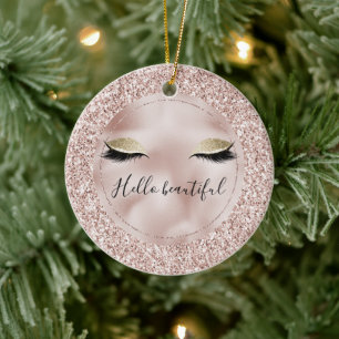 Glitzy Blush Pink Glitter Gold Eyelashes     Ceramic Ornament